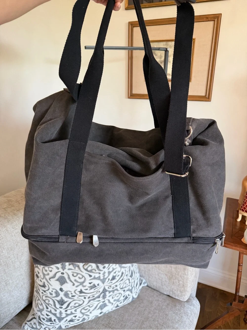 Charcoal Canvas Weekend Duffel Bag with Shoe Compartment